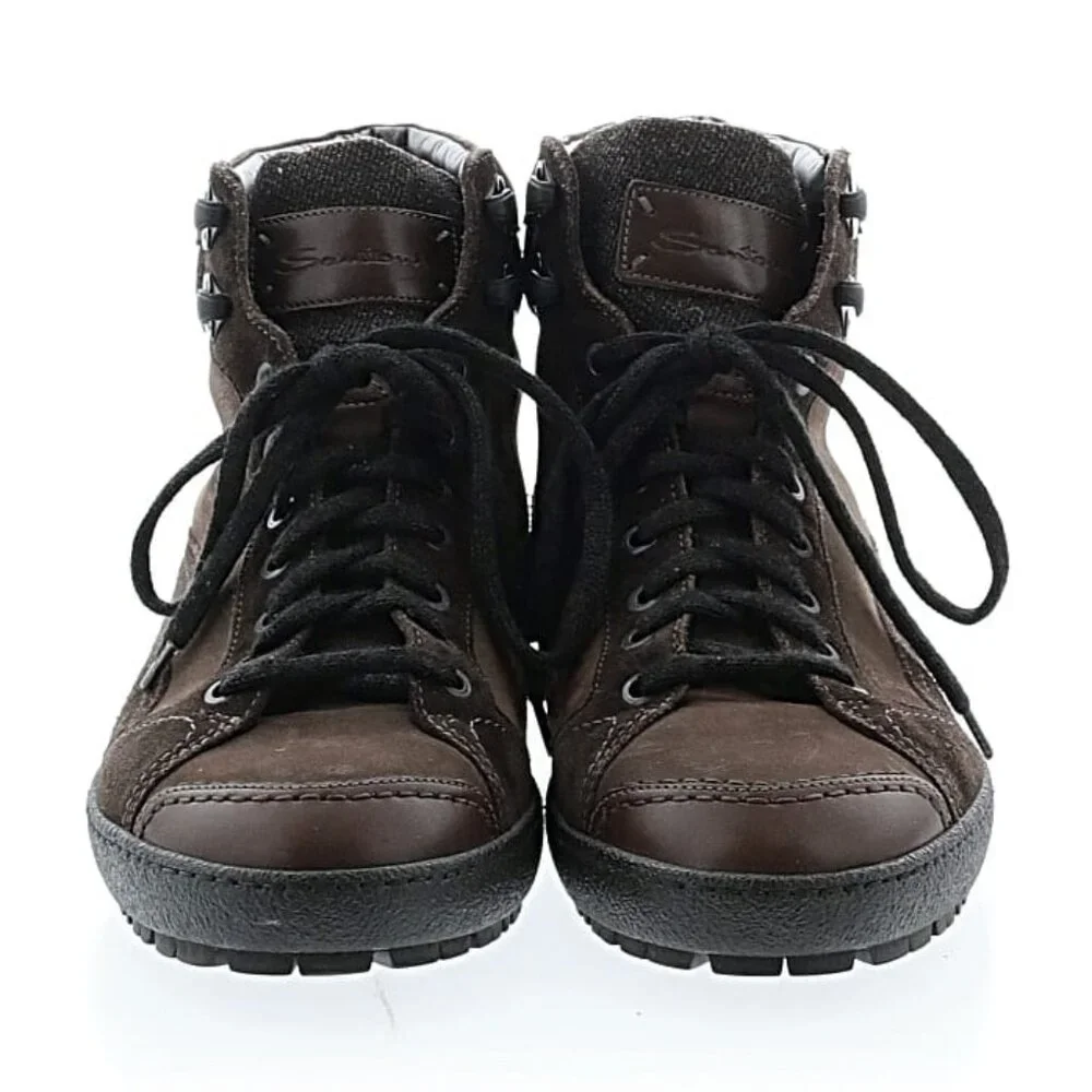 Santoni High Top Lace Up Ankle Suede Leather Tie Dark Sneakers Boots Shoes 10D